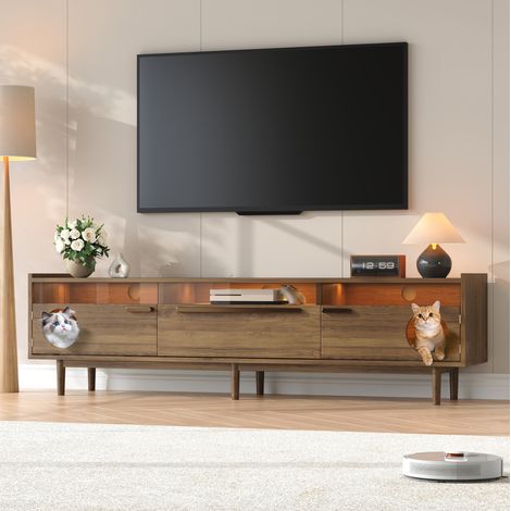 Meuble TV 180 cm avec LED, 2 portes pour chat et portes en verre trempé, sans coussin pour chat, en noyer (1/5)