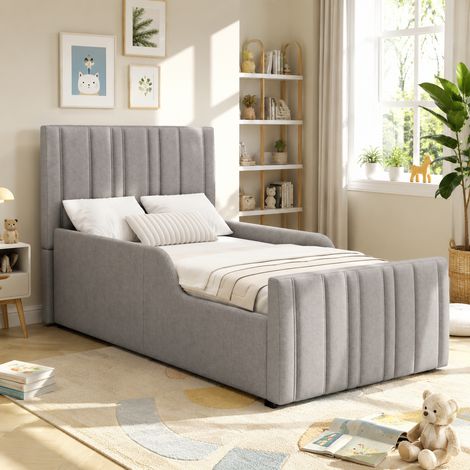 Lit coffre hydraulique 90x200, literie enfant simple, sommier à lattes intégré, tête de lit en lin gris, espace de rangement spacieux, matelas non inclus, structure rembourrée moderne (1/5)