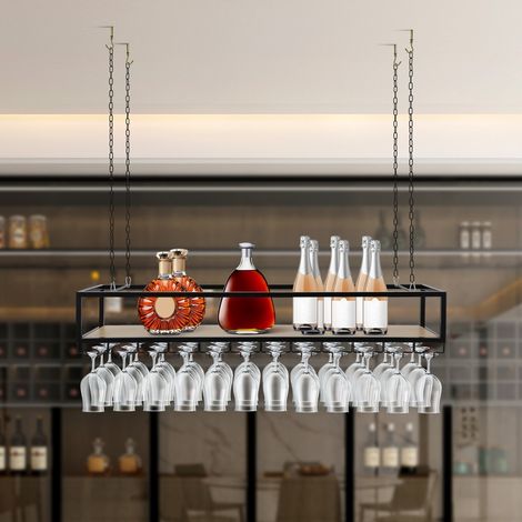 Soporte para botellas de 120 cm, soporte colgante ajustable para botellas de vino de tipo industrial, soporte para botellas de vino colgadas boca abajo y copas de vino. (1/5)