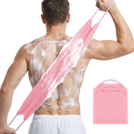 Toalla de ducha exfoliante larga para la espalda, paño exfoliante de doble cara con asas, cepillo corporal de nailon elástico, de secado rápido, limpieza profunda para hombres y mujeres, rosa (39 cm x