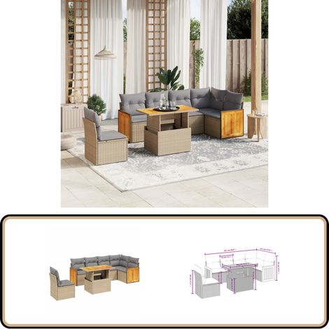 Salon de jardin avec coussins 7 pcs beige résine tressée - Ensemble Salon De Jardin - Mobilier De Jardin - Canapé Extérieur - Set De Salon - Chaise Longue