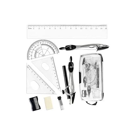 Ensemble de 10 pièces pour les mathématiques, fournitures scolaires : compas, rapporteur, règle, gomme, mines de crayon, crayon et taille-crayon, étui transparent.