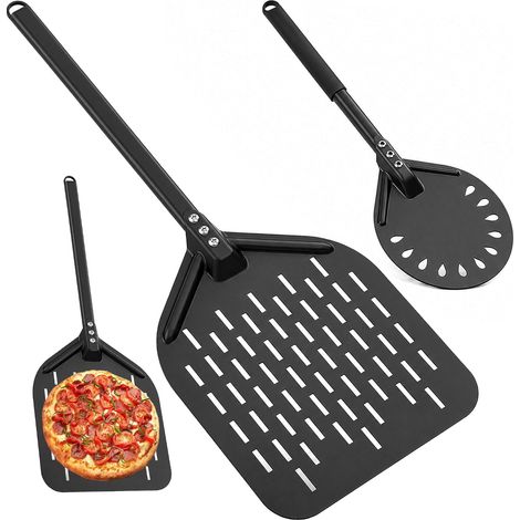 Lot de 2 pelles à pizza perforées en aluminium pelle rectangulaire 30 cm et tourne-pizza rond 15 cm avec manches démontables pour four à pizza four et barbecue (1/5)