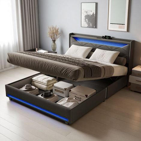 Bett Erwachsene 140x200 cm mit integriertem Stauraum, RGB-LEDs, EU/USB-Steckdosen, Lattenrost, Stoffbett mit grauem Leinen.