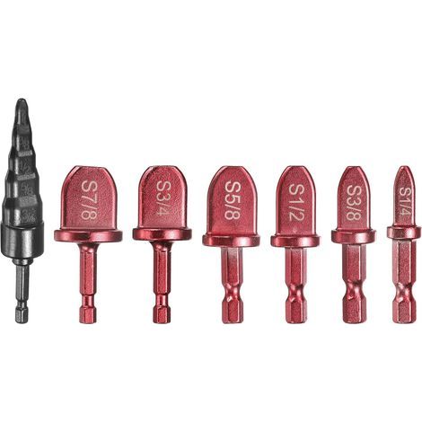 Jeu de 7 forets à évaser (6,35 mm, 9,5 mm, 12,7 mm, 15 mm, 19 mm, 3/4", 7/8") avec outil à évaser 5-en-1 pour tubes en cuivre et en aluminium – Rouge/Noir