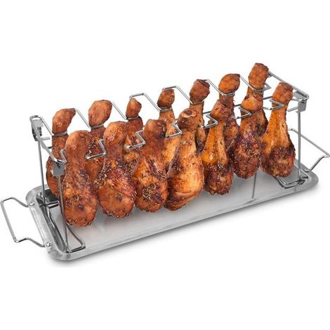 Parrilla para alitas de pollo BBQ - Soporte de acero inoxidable para muslos de pollo - Accesorio para 14 piezas de pollo (1/5)