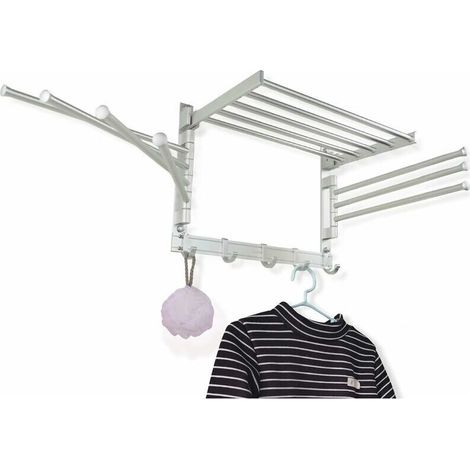 Faltbarer Wäscheständer – wandmontierter, drehbarer Handtuchhalter – mit Haken und Schwenkarmen – platzsparend in Waschküche und Badezimmer – Aluminium (Silber, klein/40 cm)