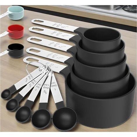 Set mit 10 Messbechern und -löffeln, stapelbare Messbecher und -löffel mit Edelstahlgriffen, Küchenhelfer zum Kochen und Backen (schwarz) (1/5)