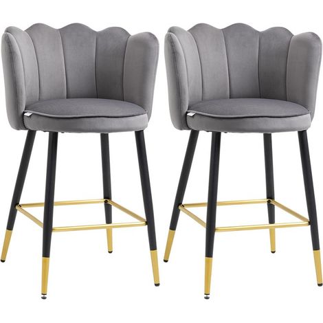 SET DA 2 SGABELLI DA BAR VELLUTATI CON POGGIAPIEDI E BASE IN ACCIAIO. 59X52X90CM. GRIGIO (1/5)