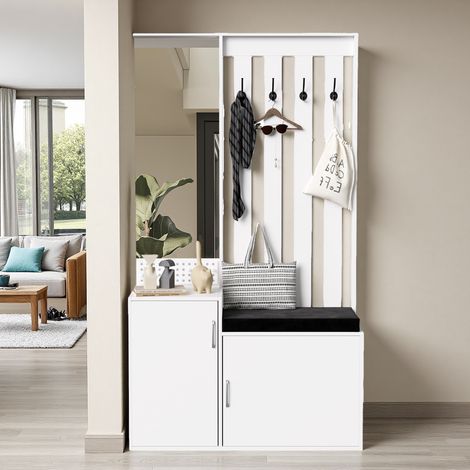 Ensemble de Vestiaire d’Entrée avec Banc – Porte-manteau avec 4 crochets, miroir, meuble à chaussures – Banc à chaussures 100 x 40 x 180 cm – Style moderne – Blanc (1/5)