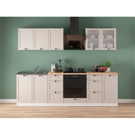 Cuisine complète 260 cm, Ensemble meuble de cuisine coloris blanc/uni cachemire, plan de travail non inclus (1/4)