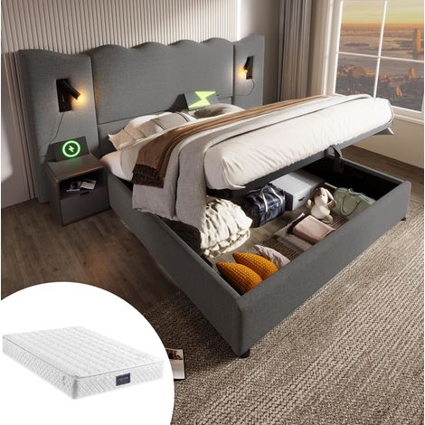 DESVIAE Lit double rembourré 160 x 200 cm avec lampe de lecture orientable USB Type C coffre de rangement sommier à lattes bois massif métal gris (1/5)