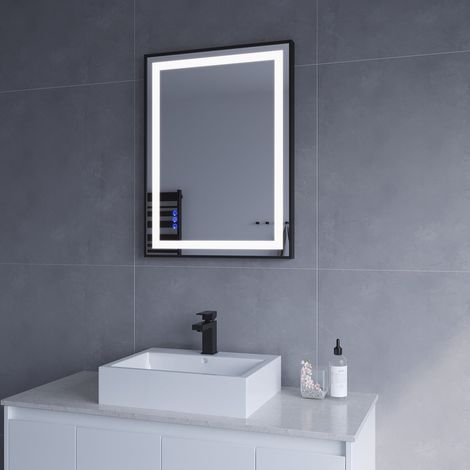 Badspiegel mit LED Licht Schwarzer Rahmen 60x80cm SAUTENS Typ C Touch Sensor Dimmbar Spiegelheizung Kaltweiß 6400K Warmweiß 3000K AQUABATOS (1/5)