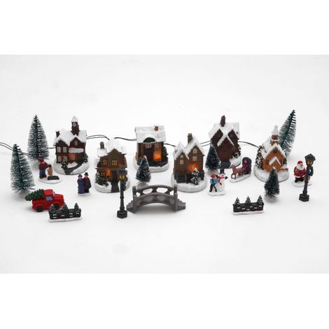 LED Weihnachtsdorf - 25- teilig - Beleuchtetes Winter Dorf - Tischdeko Fensterdeko Batterie betrieben