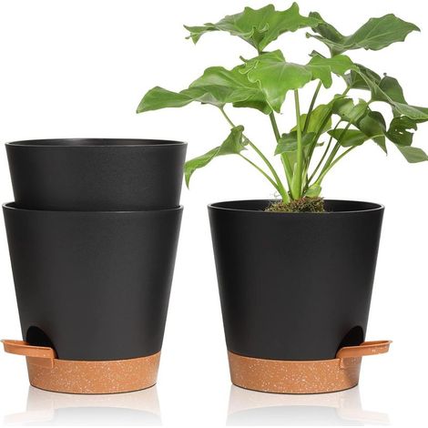 3 Pcs Pots de Fleurs en Plastique 16.5cm Noir Auto-Arrosant avec Soucoupe avec Système d'arrosage Pot de Fleur Paresseux Convient aux Jardins de Balcon Intérieurs et Extérieurs (1/5)