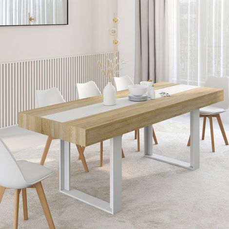 Mesa de comedor extensible PHOENIX 4-8 personas madera y blanco banda central blanca 160-200 cm (1/5)