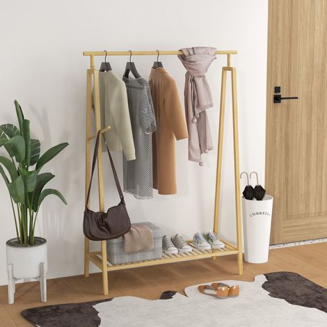 Portant pour vêtements en bambou, Porte-manteau en Bois avec étagère à chaussures dim. 110L x 42l x 152H cm