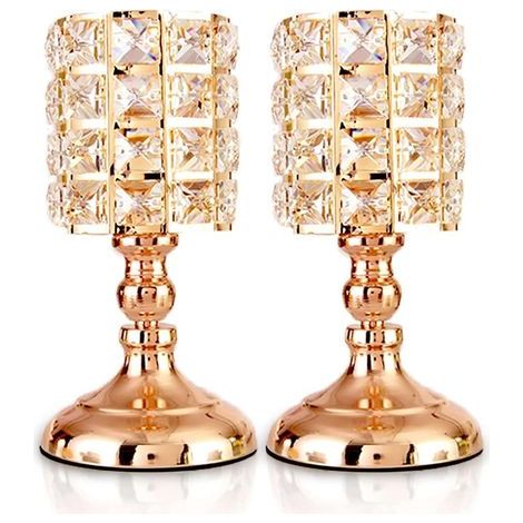Bougeoirs en Cristal doré Lot de 2 Bougies Chauffe-Plat cylindriques en métal Bougeoir Luxueux de 20 cm de Haut Ornements pour centres de Table de Mariage de Salon de Noël (Petit) (1/5)