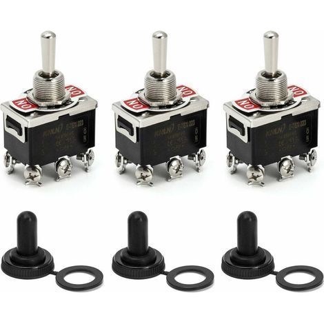 Interrupteur à bascule, AC380V 15A / AC250V 10A, interrupteur marche/arrêt/marche 3 positions 6 broches avec capuchon étanche noir, 3 pièces (1/5)