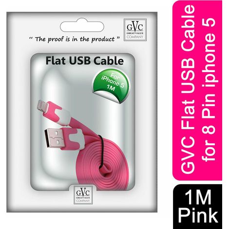 GVC 1 Metre Tangle Free Flat USB to 8 Pin Cable for Syncing & Charging, Pink (1/5)