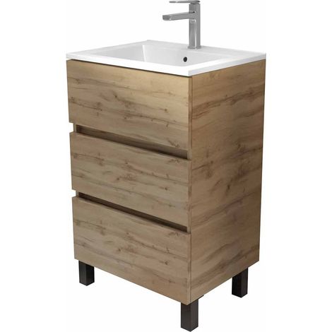 meuble de salle de bains 50 cm timber - décor chêne naturel 3 tiroirs avec vasque blanche — vue 3