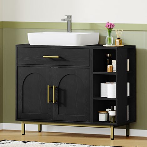 Meuble sous-vasque noir – 1 tiroir, 2 portes de placard, compartiment ouvert à 3 niveaux avec étagère réglable, pour salle de bain (1/5)