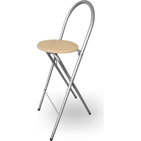 KMH® Tabouret de bar Bill – Pliable et gain de place, couleur argent/décor hêtre – Tabouret avec dossier et repose-pieds, structure en acier – stable et polyvalent pour cuisine, bar et événements – di (1/5)