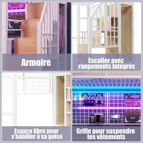 Lit superposé 90x200cm, cadre en métal, placard intégré, échelle de rangement, grille suspendue, espace libre sous le lit, LED 7 couleurs, sans matelas, blanc. (1/5)
