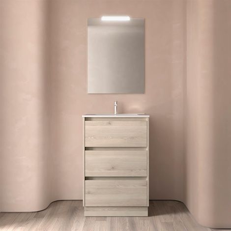 Ensemble complet Noja 600 3 tiroirs NATUREL + meuble-lavabo + miroir + lampe (1/4)