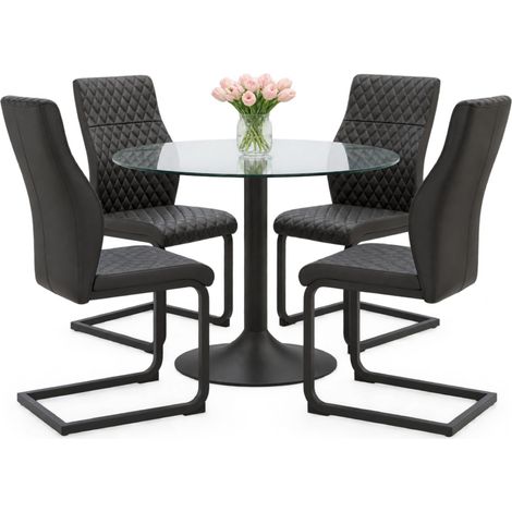 ELVMI Essgruppe mit 1 Rundtisch und 4 Stühlen, Gehärtetes Glas, Metall und Kunstleder, Schwarz Transparent (1/5)