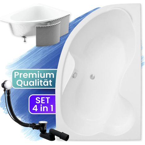 Badewanne Eckbadewanne 160x105 Rechts mit Styroporverkleidung, Ablauf & Füße GRATIS - Komplettset 4in1 Original Acryl Wanne Siphon - BADLAND MEGA (1/5)