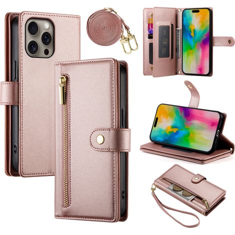 Funda tipo libro para iPhone 16 Pro, con bolsillo tipo cartera y cremallera, color rosa. (1/5)