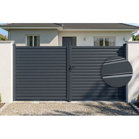 Portail battant 4m CALANCIA H.180cm lames persiennes aluminium gris