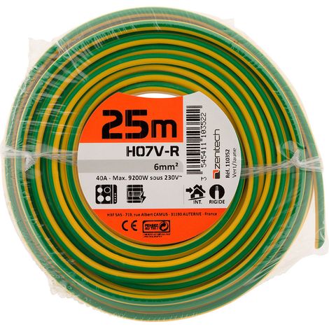 Zenitech – Fil électrique H07V-R 6mm² jaune/vert – Câble rigide 25m pour installation intérieure – Alimentation stable pour appareils électroménagers