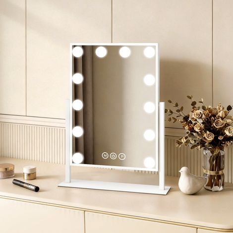 EMKE Hollywood Kosmetikspiegel 47.5x36.5cm Quadratisch Dimmbar 3 Lichtfarben Touch Steuerung 360° drehbar Vergrößerung Weiß