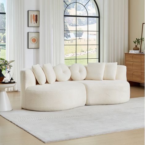 Sofá modular de 2 elementos curvos de chenilla, sin reposabrazos, 6 cojines y respaldo continuo - beige