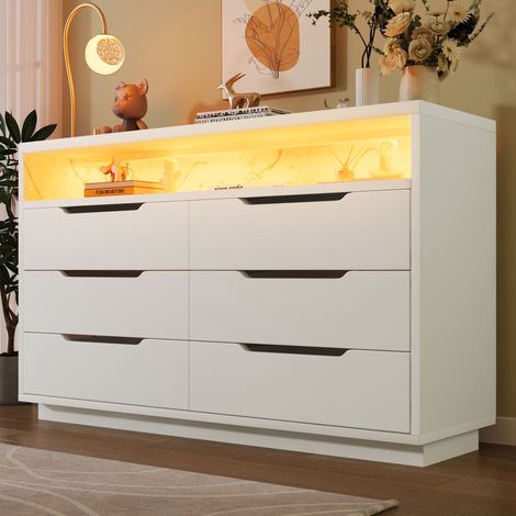 Credenza in truciolare e metallo bianca con LED, 6 cassetti e vano a giorno effetto marmo, 120x40x85 cm (1/5)