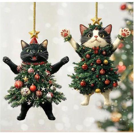 Set of 2 acrylic cat-shaped Christmas ornaments—perfect for decorating your tree and home for the holidays.