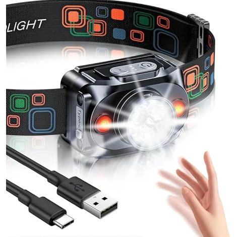 Lampe frontale rechargeable, [ultra lumineuse] LED avec détecteur de mouvement, 6 modes d'éclairage & IPX4 étanche, batterie 2000mAh longue autonomie pour camping, pêche, randonnée, course nocturne (1/5)