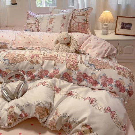 Ensemble de literie 4 pièces lavable en machine pour étudiants – Housse de couette 180x220 cm, taie d’oreiller et drap-housse avec motif mignon d’ours kawaii, idéal pour chambre universitaire et dorto