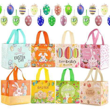 8 Sacs de chasse aux œufs, tissu non tissé, poignées, réutilisables, stockage cadeaux, activités de Pâques