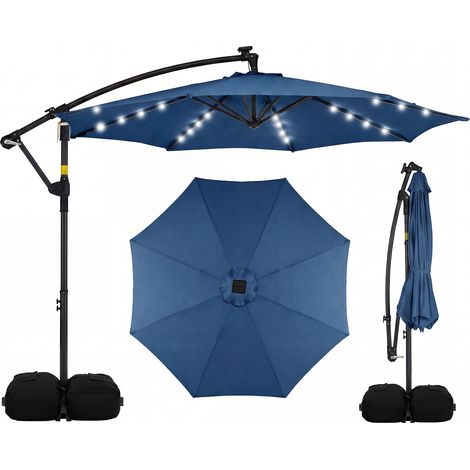 Parasol Déporté 3 x 3M, Parasol de Jardin Extérieur avec Lumière Solaire, Rotation 360°, 8 Baleines en Métal, Toit de Ventilation, 2 Sacs, Bleu (1/5)