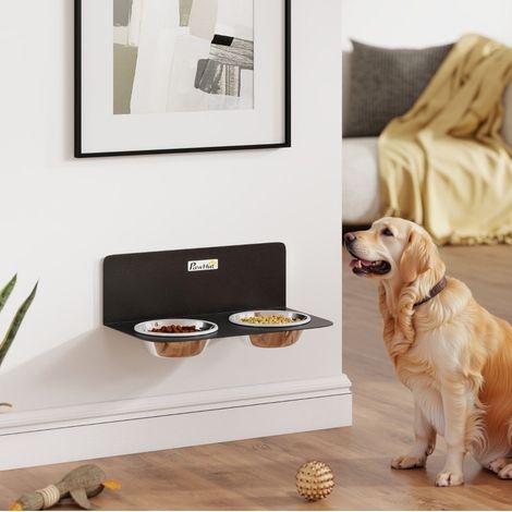 Gamelle pour chien murale réglable 42x23,5x14 cm noire, 2 bols inox, gain de place FloraGrace (1/5)