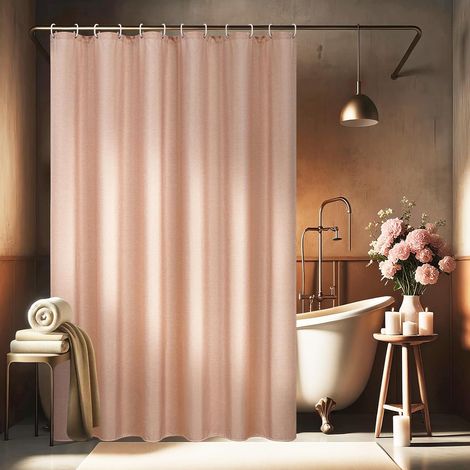 Rideau de douche en lin texturé rose 180x200 cm, rideau de bain en tissu imperméable, rideau de douche en polyester de luxe pour hôtel à usage intensif, anti-moisissure, lavable, avec 12 (1/5)