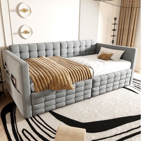 Letto contenitore 90 x 190 cm con cassetti, tessuto effetto velluto grigio chiaro (1/5)