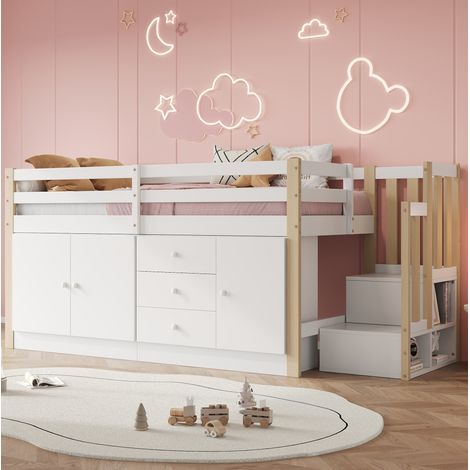 Lit mezzanine enfant 90/200 cm blanc en MDF avec escaliers, rangements et penderie (1/4)