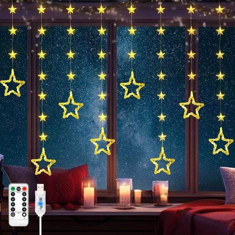 Lichterkette Sterne 2M 80 LEDs Lichtervorhang Warmweiß, USB Weihnachtsbeleuchtung Innen Fenster mit 48er Sterne, 8 Modi, Timer, Memory, Fernbedienung Sternenvorhang für Fenster Weihnachtsdeko (1/5)