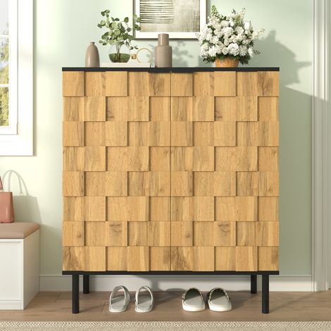 Étagère à chaussures mosaïque, armoire de rangement 2 portes pour entrée, finition bois, panneaux agglomérés, pieds métalliques, niches ajustables en hauteur (1/5)