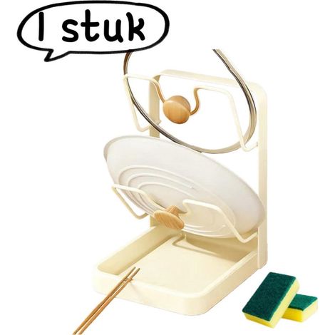 Multi-tiered storage rack for pot lids and cutting boards with a drainer for spatulas, cream color (1/5)