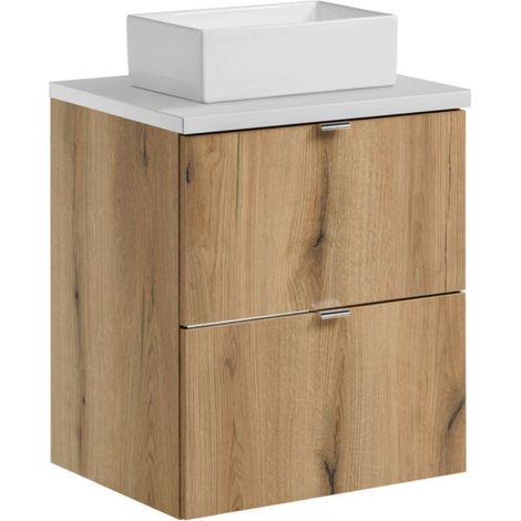 Set VANO finitura quercia e bianco 50cm: mobile sotto lavabo con cassetti + piano per lavabo + lavabi rettangolari da appoggio